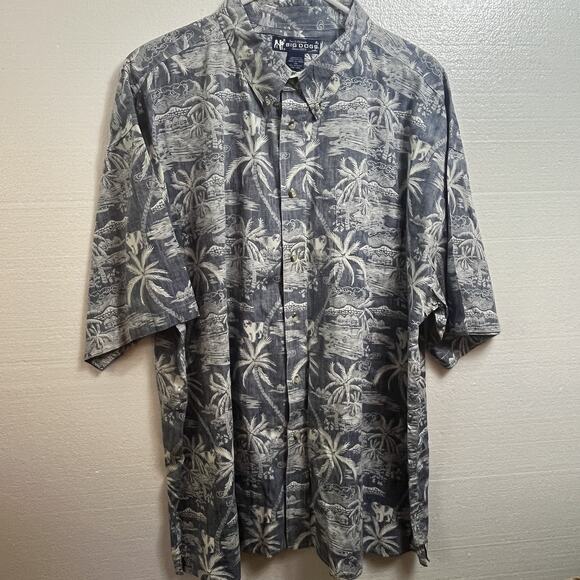 Big Dogs Shirt Adult 3XL XXXL Blue Floral Palm Hut Cotton Hawaiian Inside Out - Picture 1 of 12